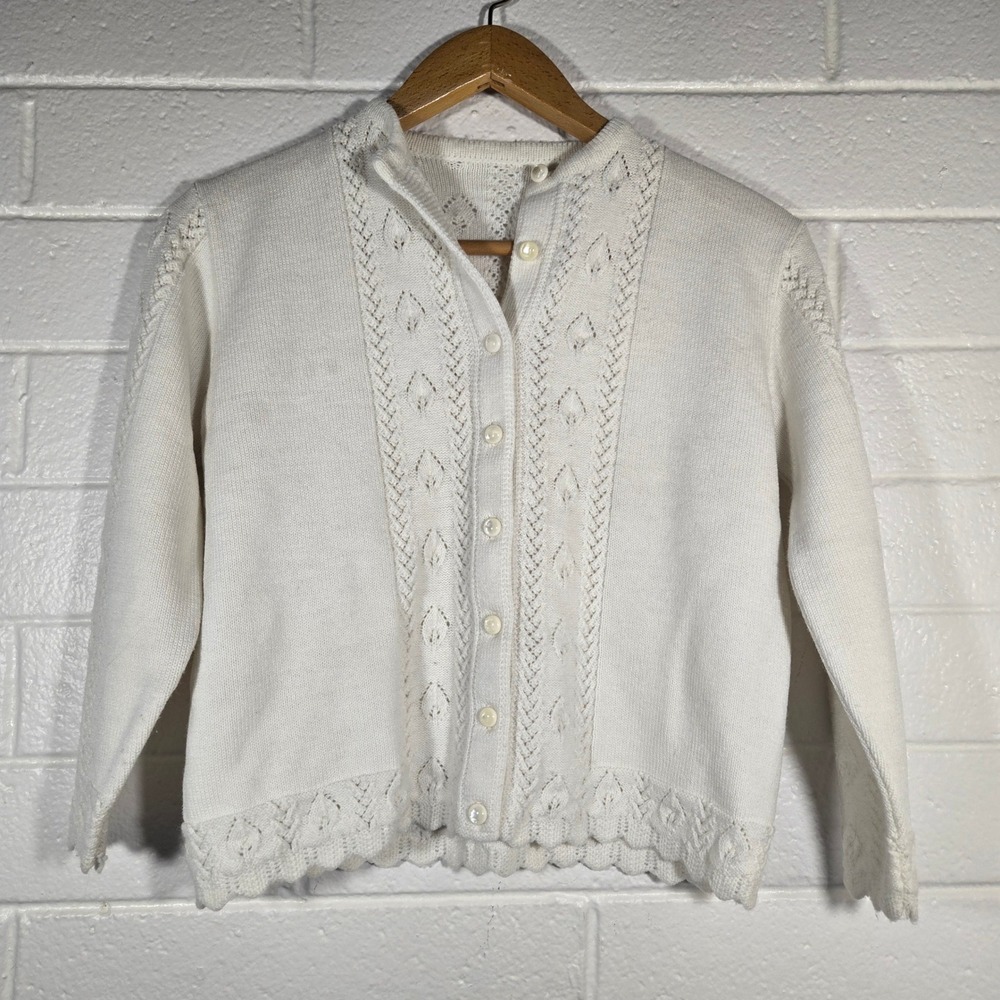 Vtg Pointelle Knit Cardigan Sweater Ivory Scalloped Hem Large Grannycore